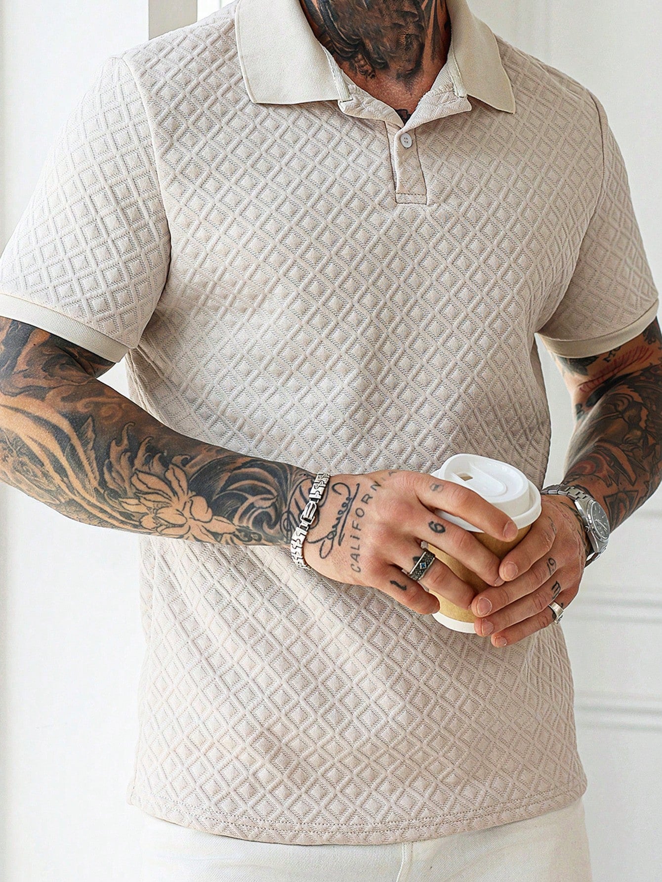 Manfinity Homme "Men'S Business Commute and Casual Daily Wear, Featuring a Classic Blue, White, and Gray Color-Blocked Bestselling Wheat Stalk Knitted Texture Jacquard Short-Sleeve Polo Shirt with a Button Placket. This Stylish Polo Is Suitable for Daily Commuting as Well as Formal Meetings, Making It an Excellent Gift Idea for Boyfriends or Husbands."