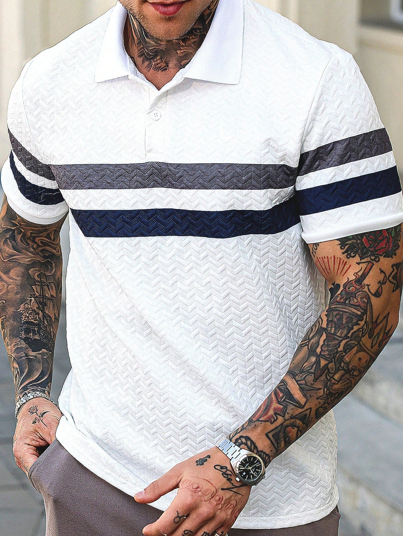 Manfinity Homme "Men'S Business Commute and Casual Daily Wear, Featuring a Classic Blue, White, and Gray Color-Blocked Bestselling Wheat Stalk Knitted Texture Jacquard Short-Sleeve Polo Shirt with a Button Placket. This Stylish Polo Is Suitable for Daily Commuting as Well as Formal Meetings, Making It an Excellent Gift Idea for Boyfriends or Husbands."