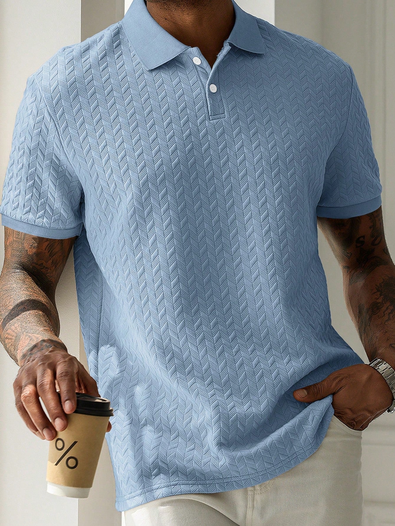 Manfinity Homme "Men'S Business Commute and Casual Daily Wear, Featuring a Classic Blue, White, and Gray Color-Blocked Bestselling Wheat Stalk Knitted Texture Jacquard Short-Sleeve Polo Shirt with a Button Placket. This Stylish Polo Is Suitable for Daily Commuting as Well as Formal Meetings, Making It an Excellent Gift Idea for Boyfriends or Husbands."