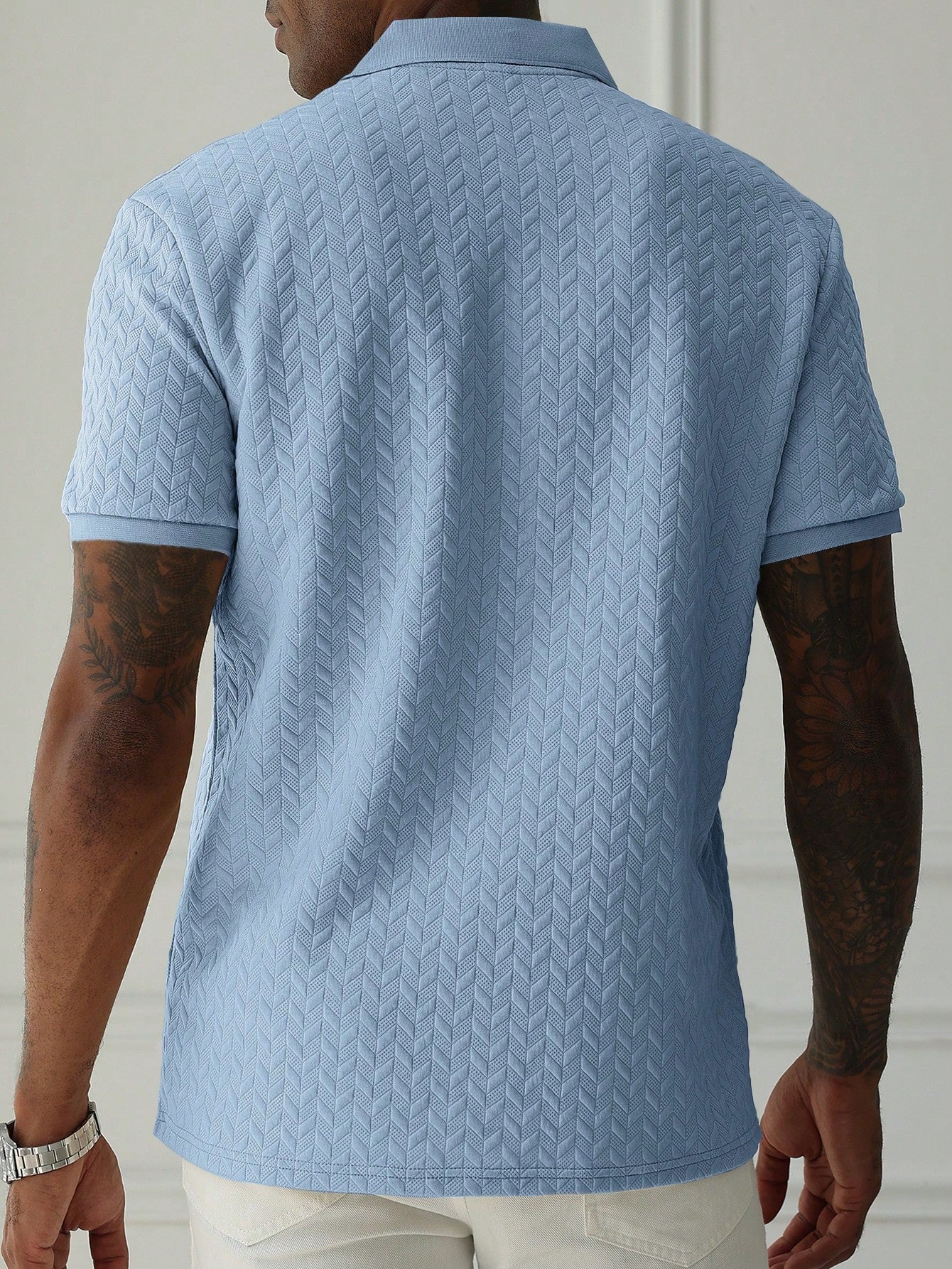 Manfinity Homme "Men'S Business Commute and Casual Daily Wear, Featuring a Classic Blue, White, and Gray Color-Blocked Bestselling Wheat Stalk Knitted Texture Jacquard Short-Sleeve Polo Shirt with a Button Placket. This Stylish Polo Is Suitable for Daily Commuting as Well as Formal Meetings, Making It an Excellent Gift Idea for Boyfriends or Husbands."