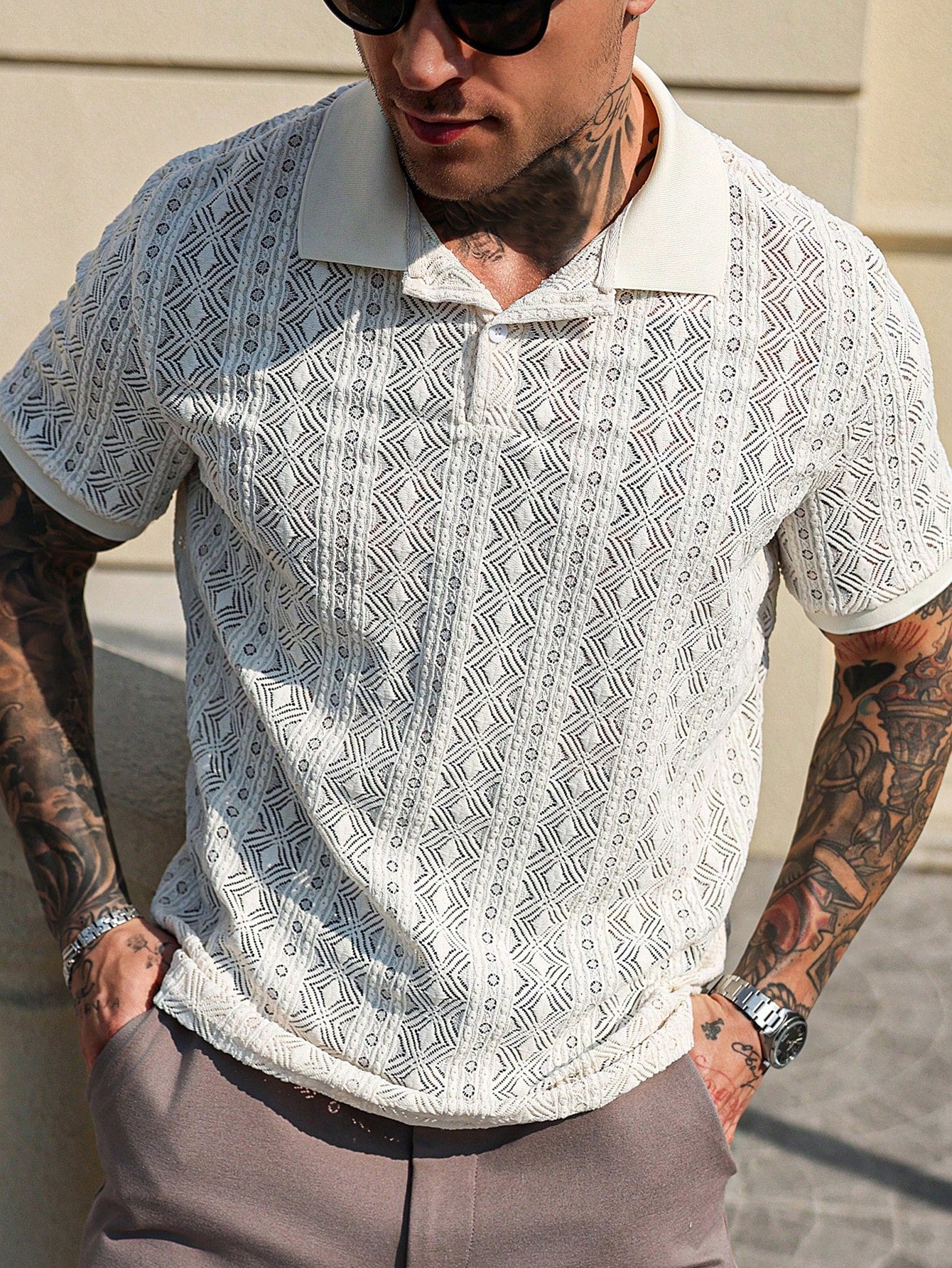 Manfinity Homme "Men'S Business Commute and Casual Daily Wear, Featuring a Classic Blue, White, and Gray Color-Blocked Bestselling Wheat Stalk Knitted Texture Jacquard Short-Sleeve Polo Shirt with a Button Placket. This Stylish Polo Is Suitable for Daily Commuting as Well as Formal Meetings, Making It an Excellent Gift Idea for Boyfriends or Husbands."